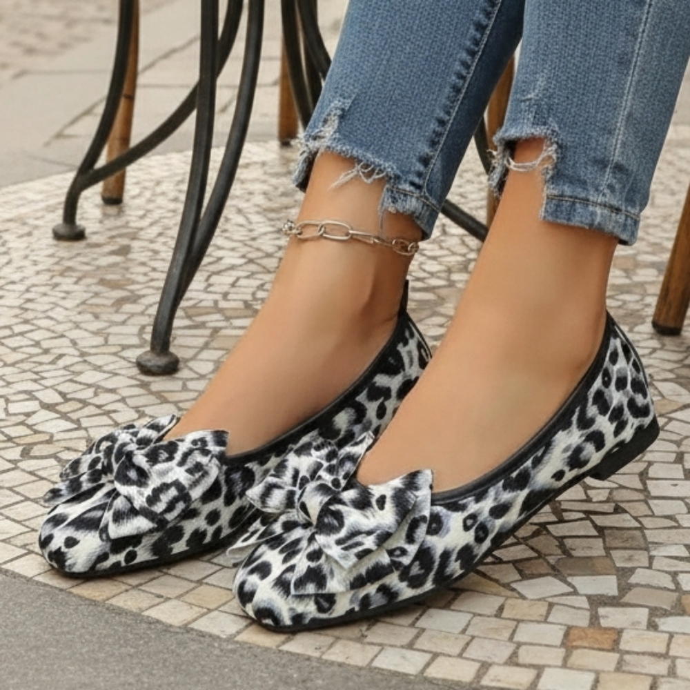 Large Bow Ballet Flats Leopard Slip-On Round Toe Lightweight Animal Loafer Shoe